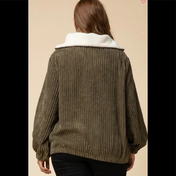 Olive green corduroy pullover jacket - Picture 5 of 7